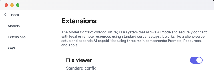 Goose extension manager showing several installed extensions and controls to enable or disable them.