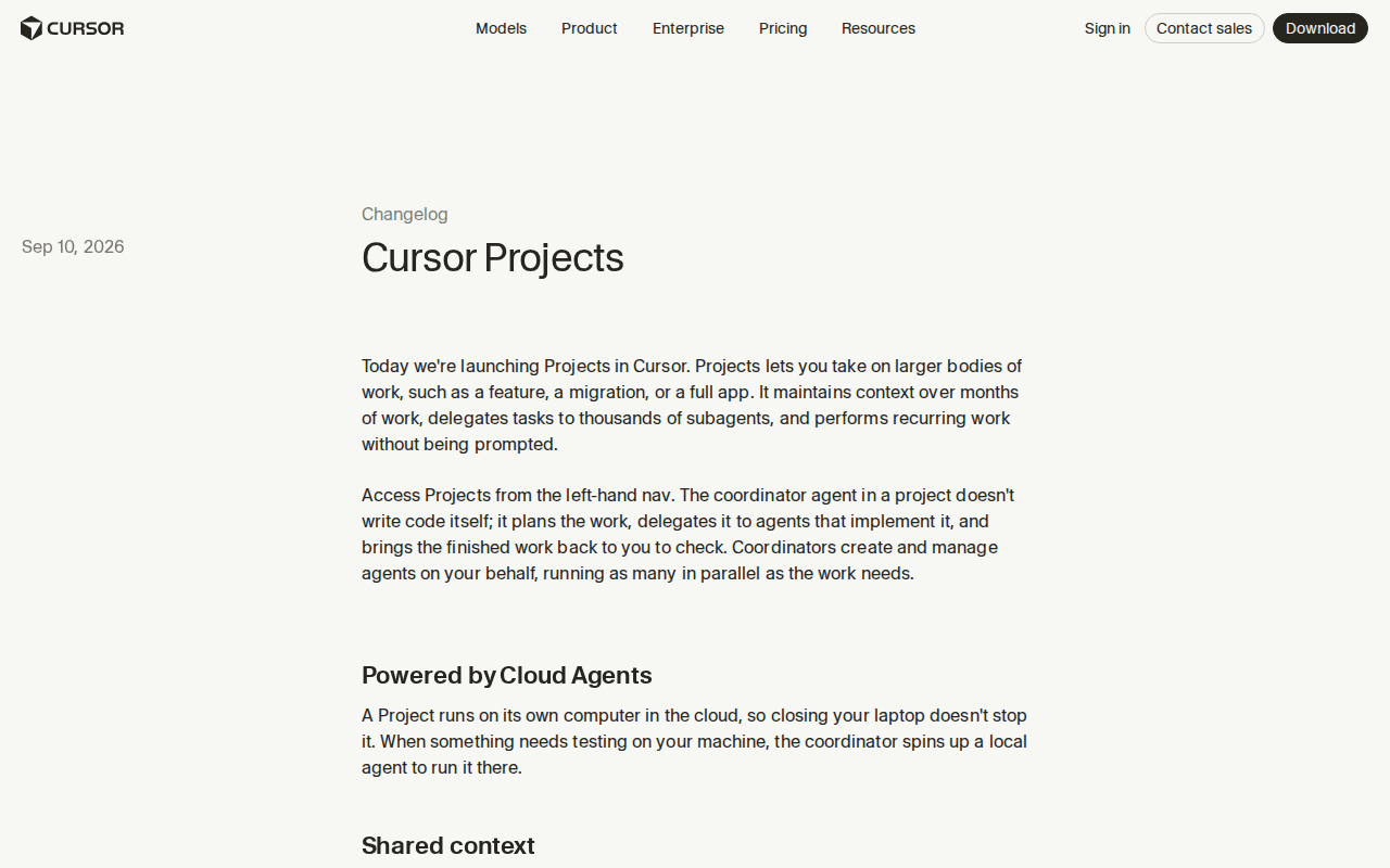 Cursor changelog “Cursor Projects” entry, Sep 10, 2026, with the “Powered by Cloud Agents” paragraph and the “Shared context” heading