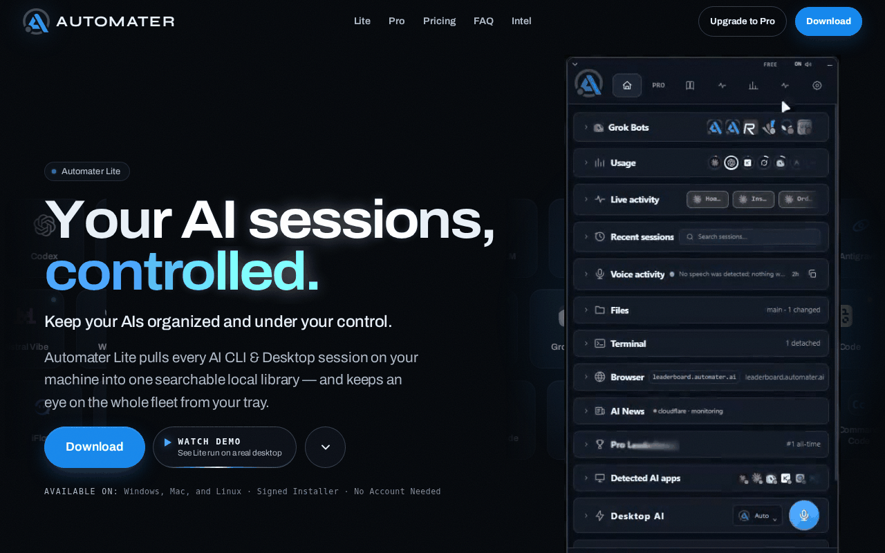 Automater homepage hero with a tray panel mock-up listing Home cards including Grok Bots, Usage, Live activity and Recent sessions