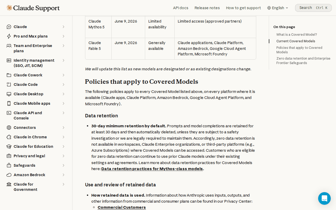 Claude Help Center “Covered Models” page showing the data retention policy: 30-day minimum retention by default, and zero data retention not available where Covered Models can be accessed