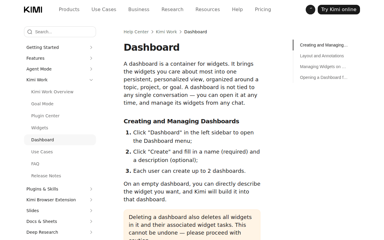 Kimi Help Center Dashboard page: creating and managing dashboards, each user can create up to 2 dashboards, and the warning that deleting a dashboard deletes its widgets and widget tasks
