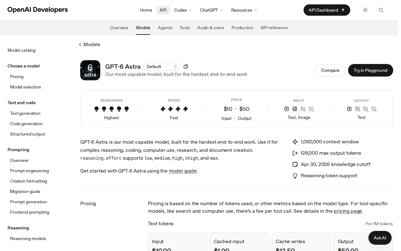 GPT-6 Astra model page on OpenAI Developers: the header with a $10 input and $50 output price, the 1,050,000-token context and 128,000 max output specs, and the top of the per-1M-token pricing cards for Input, Cached input, Cache writes and Output