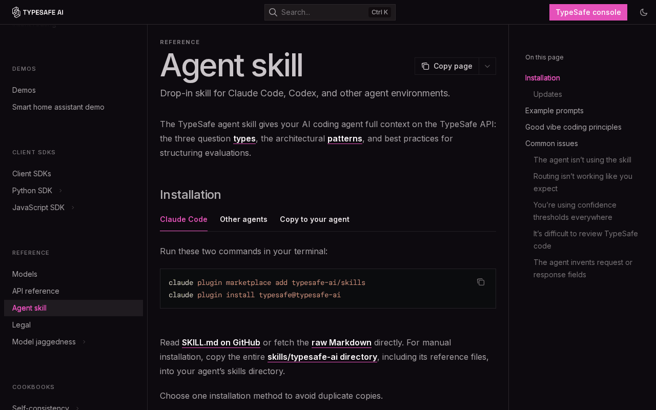TypeSafe agent skill docs page showing the two Claude Code installation commands, claude plugin marketplace add typesafe-ai/skills and claude plugin install typesafe@typesafe-ai