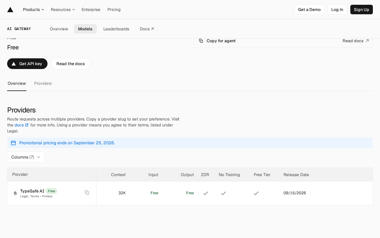 Vercel AI Gateway model page for Jev showing the price as Free, a banner reading Promotional pricing ends on September 25, 2026, and a TypeSafe AI provider row with 32K context, Free input and output, ZDR and No Training checked, and a 09/15/2026 release date