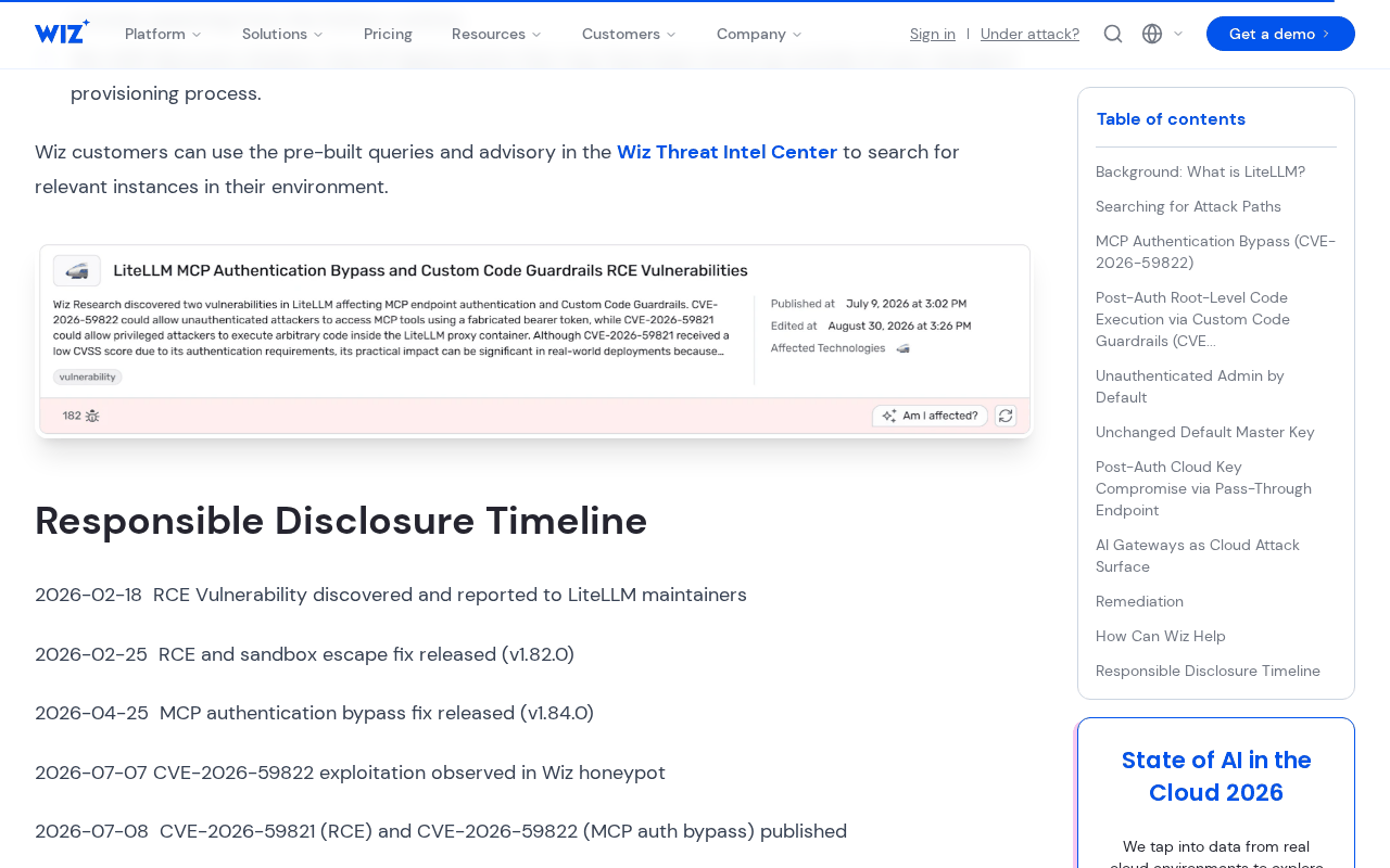 Wiz blog responsible disclosure timeline for LiteLLM, listing the MCP authentication bypass fix, the Jul 7 honeypot exploitation and the Jul 8 CVE publication