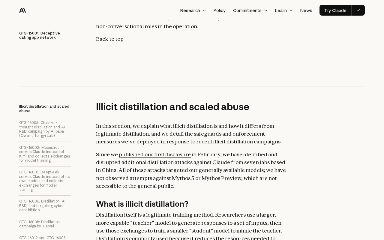 Anthropic’s September 2026 threat report page at the section headed Illicit distillation and scaled abuse, with the sidebar listing GTG-16002: Moonshot serves Claude instead of Kimi and collects exchanges for model training