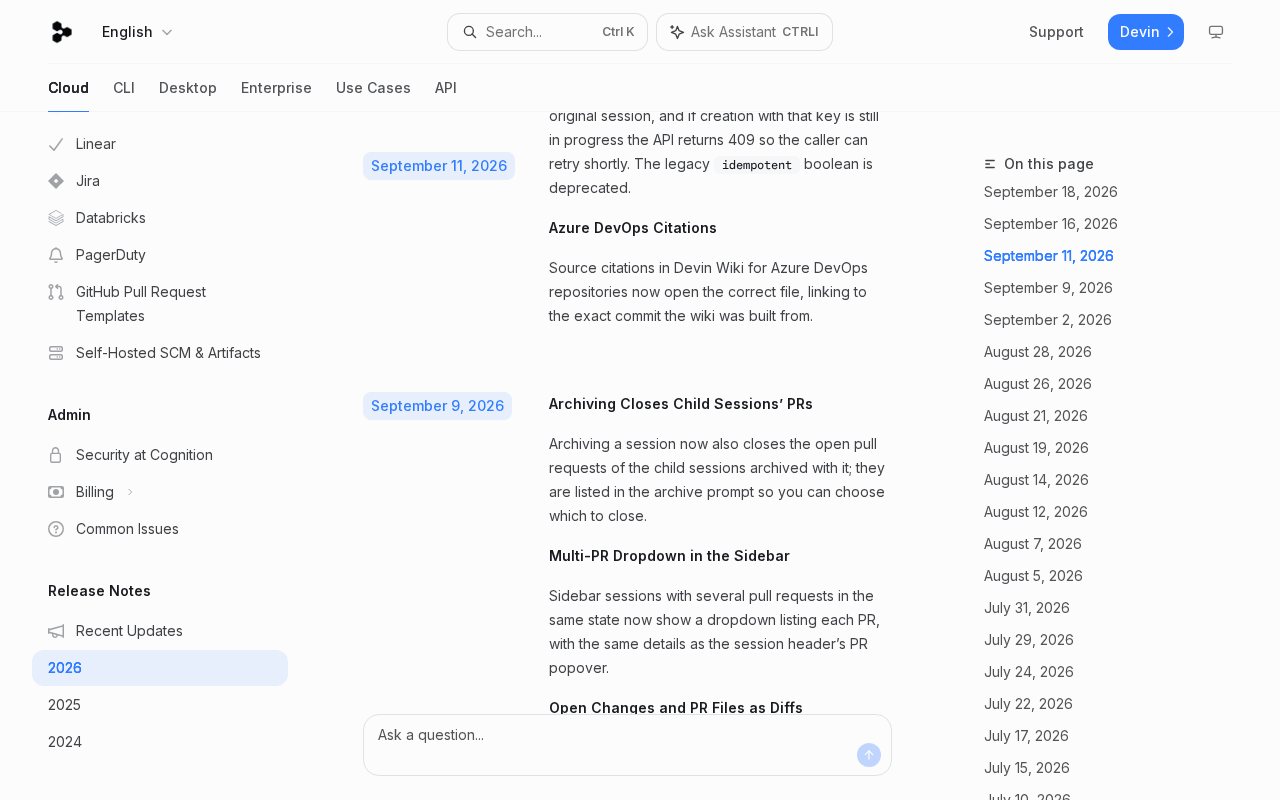 Devin release notes dated September 9, 2026, stating that archiving a session now also closes the open pull requests of the child sessions archived with it, listed in the archive prompt